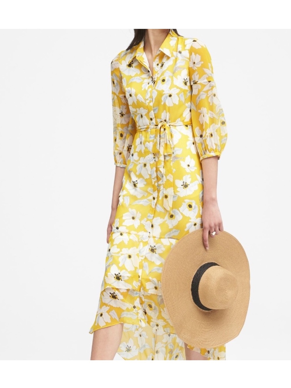 LIKE NEW! Banana Republic Yellow Floral Tie-Waist Shirt Dress